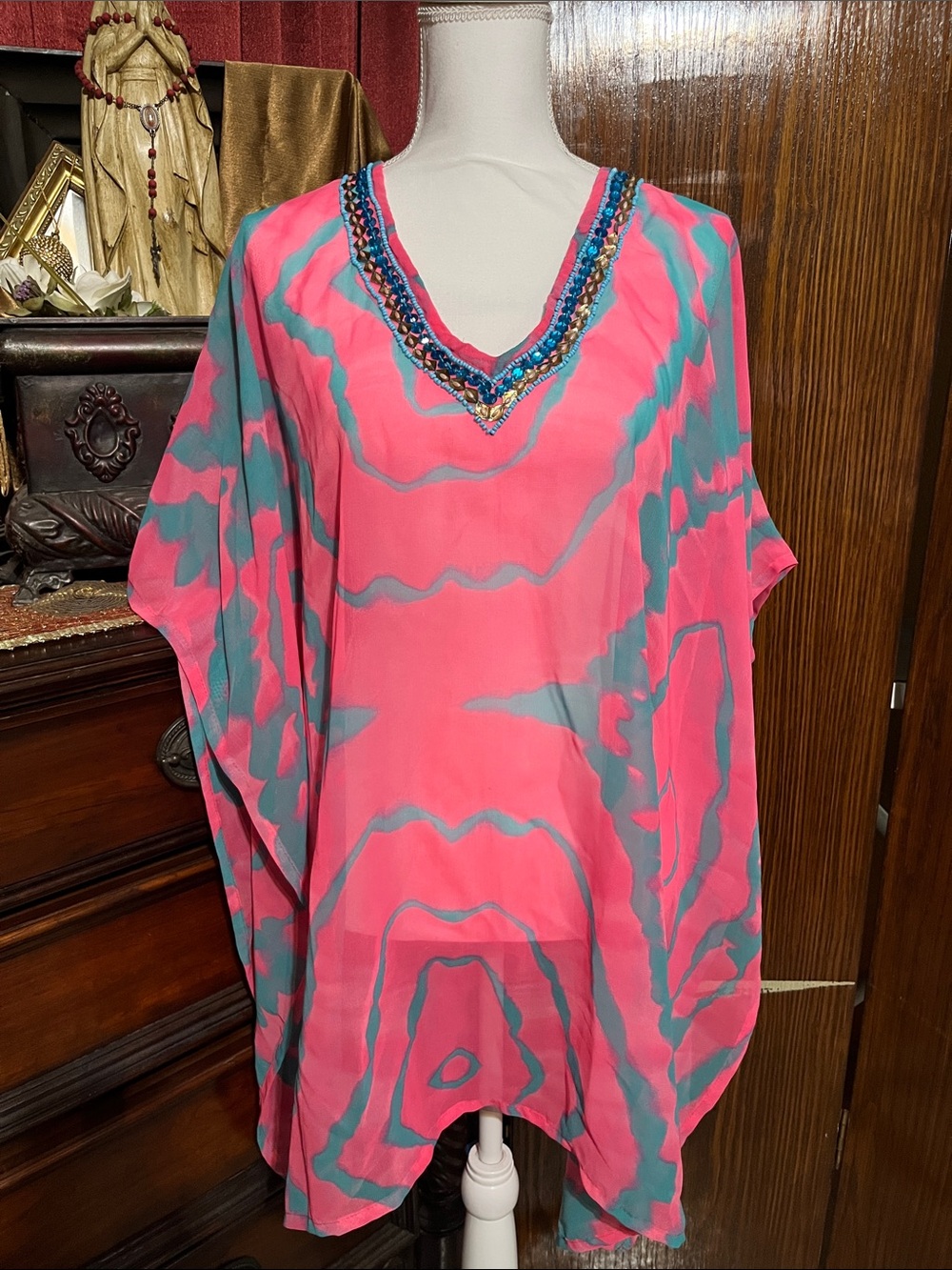 Pink & Teal Beaded V-Neck Tunic Caftan